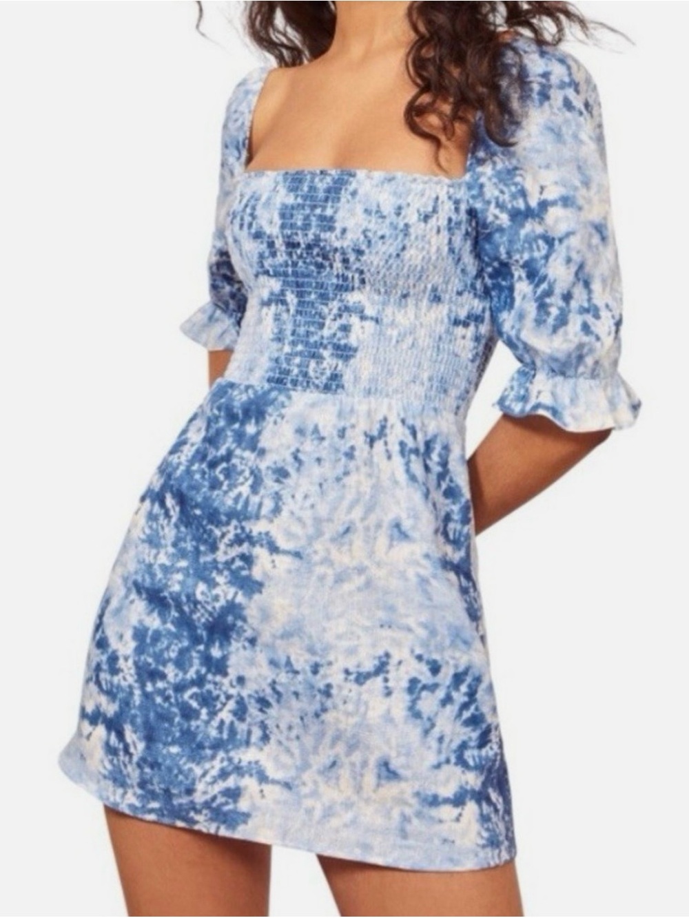 Reformation Blue and White Tie-Dye Smocked Mini Dress